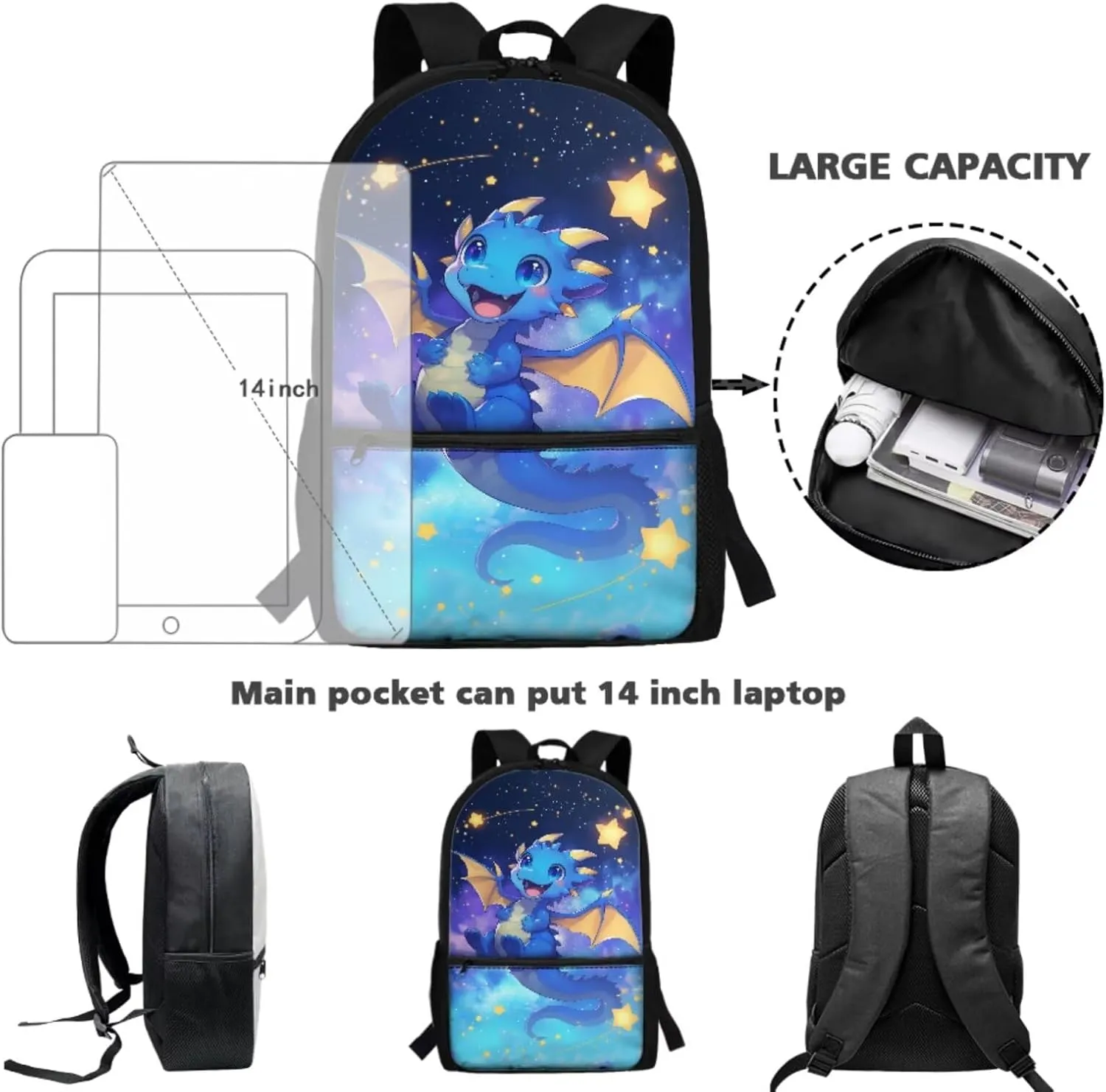 Stars Dragon Backpack for Boys 6-8 Kawaii School Bag and Lunch Bag Set 17 Inch Primary Students School Backpacks with Lunch Box Pencil Case Water Bottle Holder, 4 Piece, Bookbag for 3rd Grade