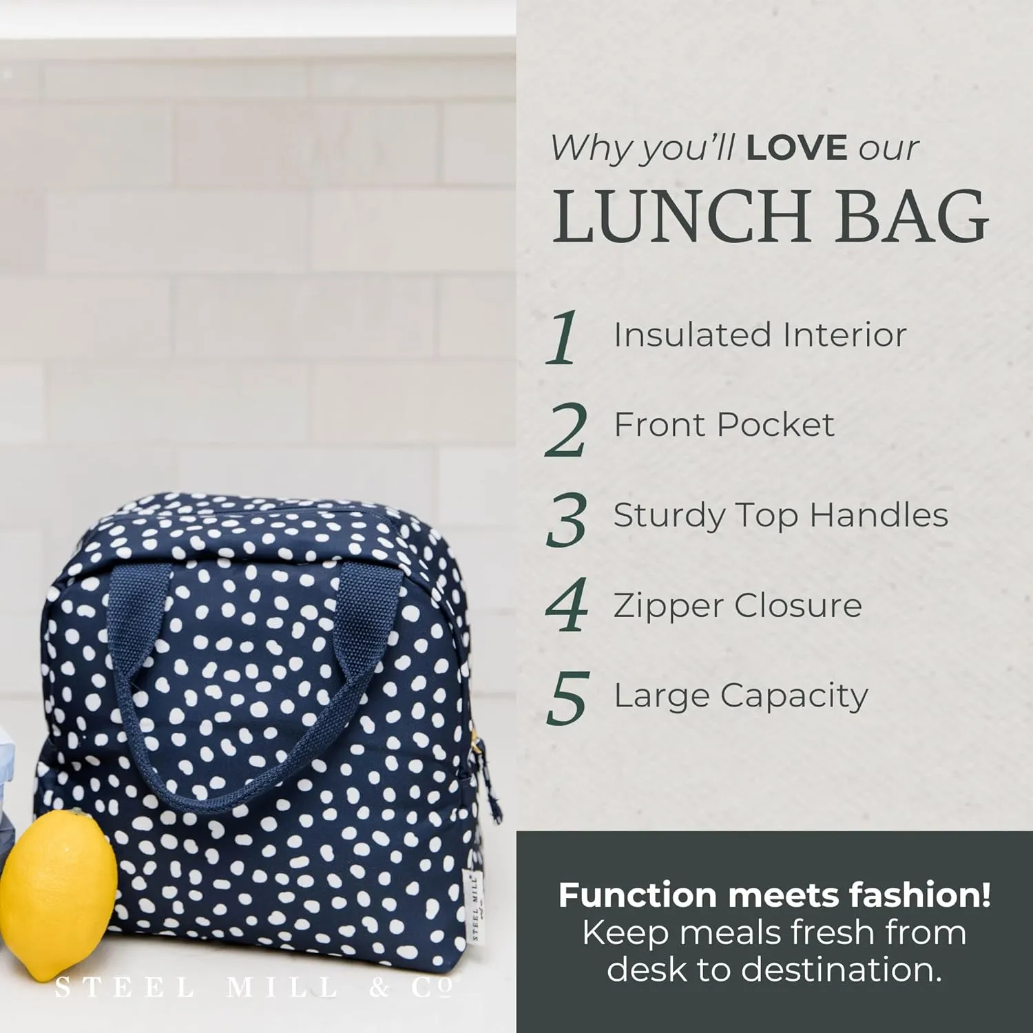 Steel Mill & Co Insulated Lunch Tote Bag for Women, Large Capacity Cooler Lunch Box, Cute Lunch Bag for Adults, Mini Cooler with Zipper Closure, Pockets, and Sturdy Handles (Navy Dots)