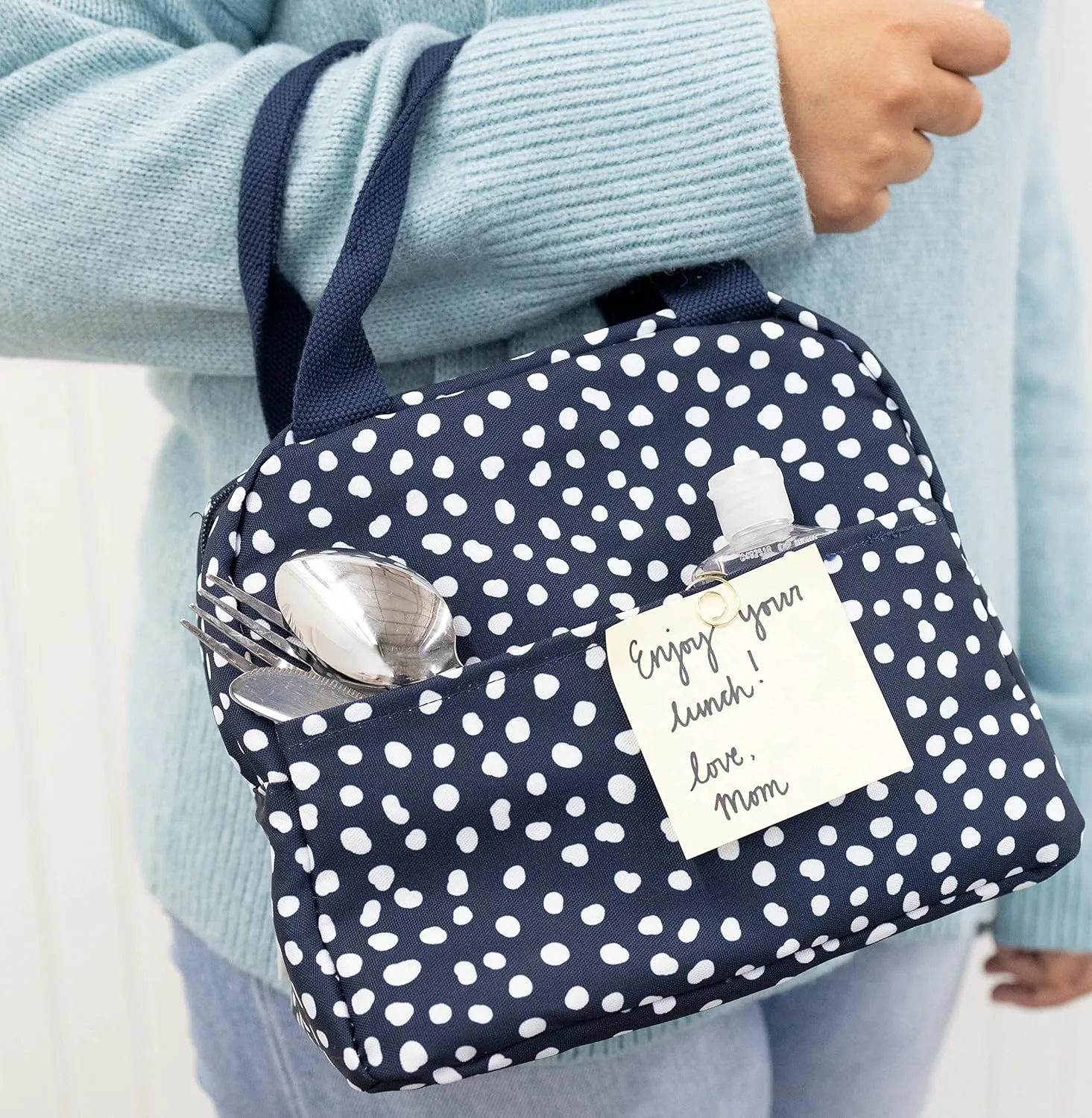 Steel Mill & Co Insulated Lunch Tote Bag for Women, Large Capacity Cooler Lunch Box, Cute Lunch Bag for Adults, Mini Cooler with Zipper Closure, Pockets, and Sturdy Handles (Navy Dots)