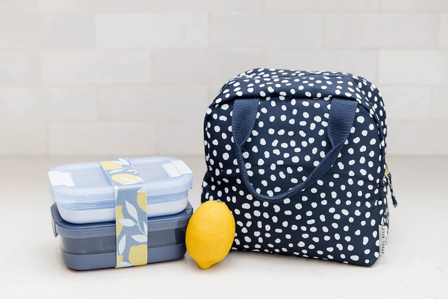 Steel Mill & Co Insulated Lunch Tote Bag for Women, Large Capacity Cooler Lunch Box, Cute Lunch Bag for Adults, Mini Cooler with Zipper Closure, Pockets, and Sturdy Handles (Navy Dots)