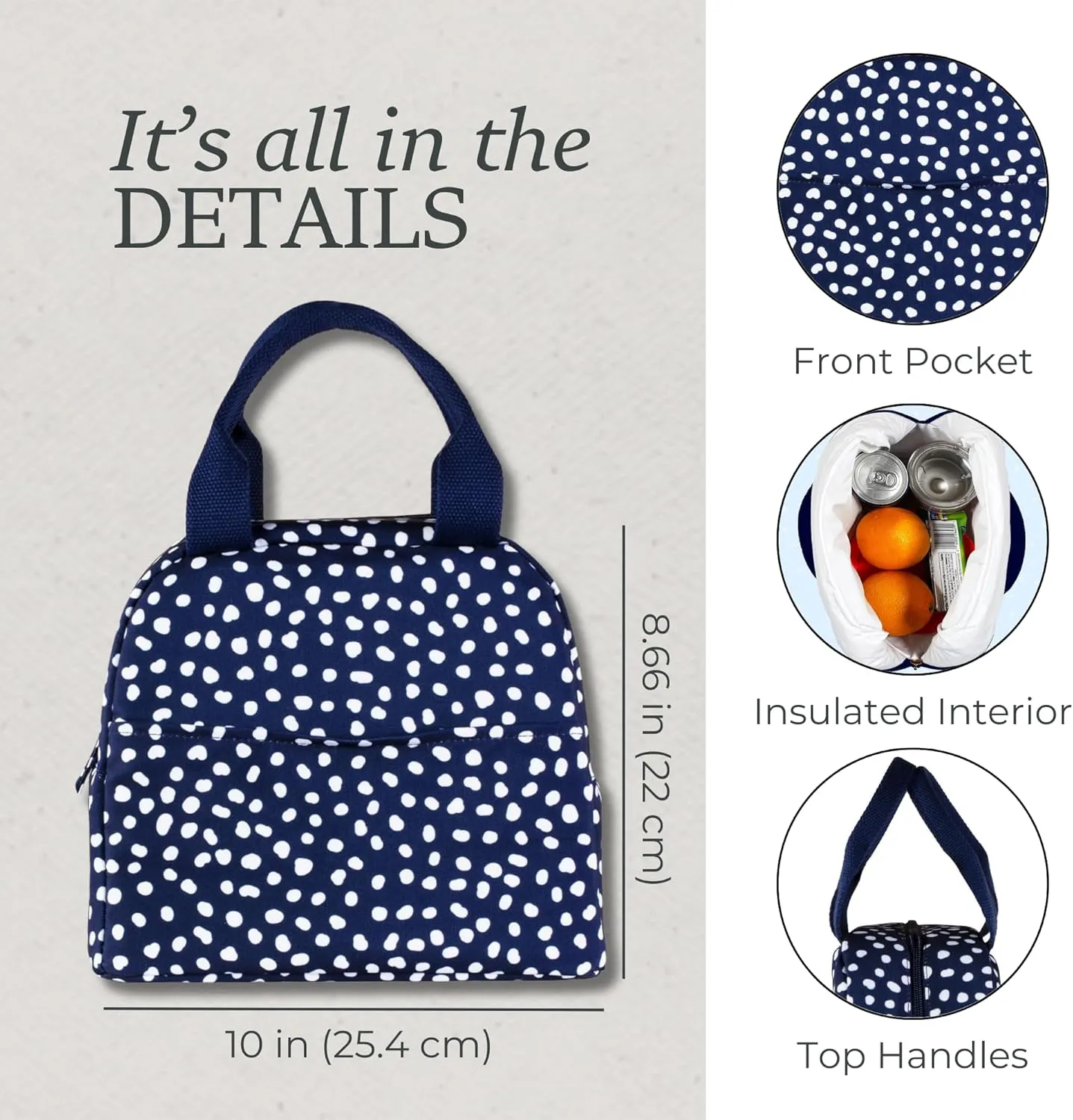 Steel Mill & Co Insulated Lunch Tote Bag for Women, Large Capacity Cooler Lunch Box, Cute Lunch Bag for Adults, Mini Cooler with Zipper Closure, Pockets, and Sturdy Handles (Navy Dots)