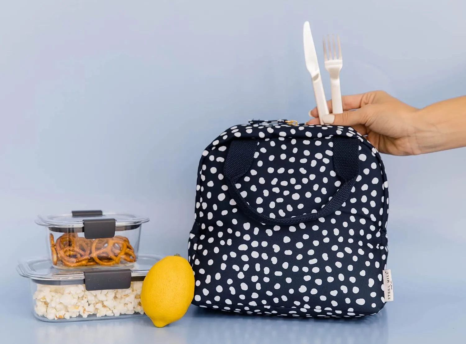 Steel Mill & Co Insulated Lunch Tote Bag for Women, Large Capacity Cooler Lunch Box, Cute Lunch Bag for Adults, Mini Cooler with Zipper Closure, Pockets, and Sturdy Handles (Navy Dots)