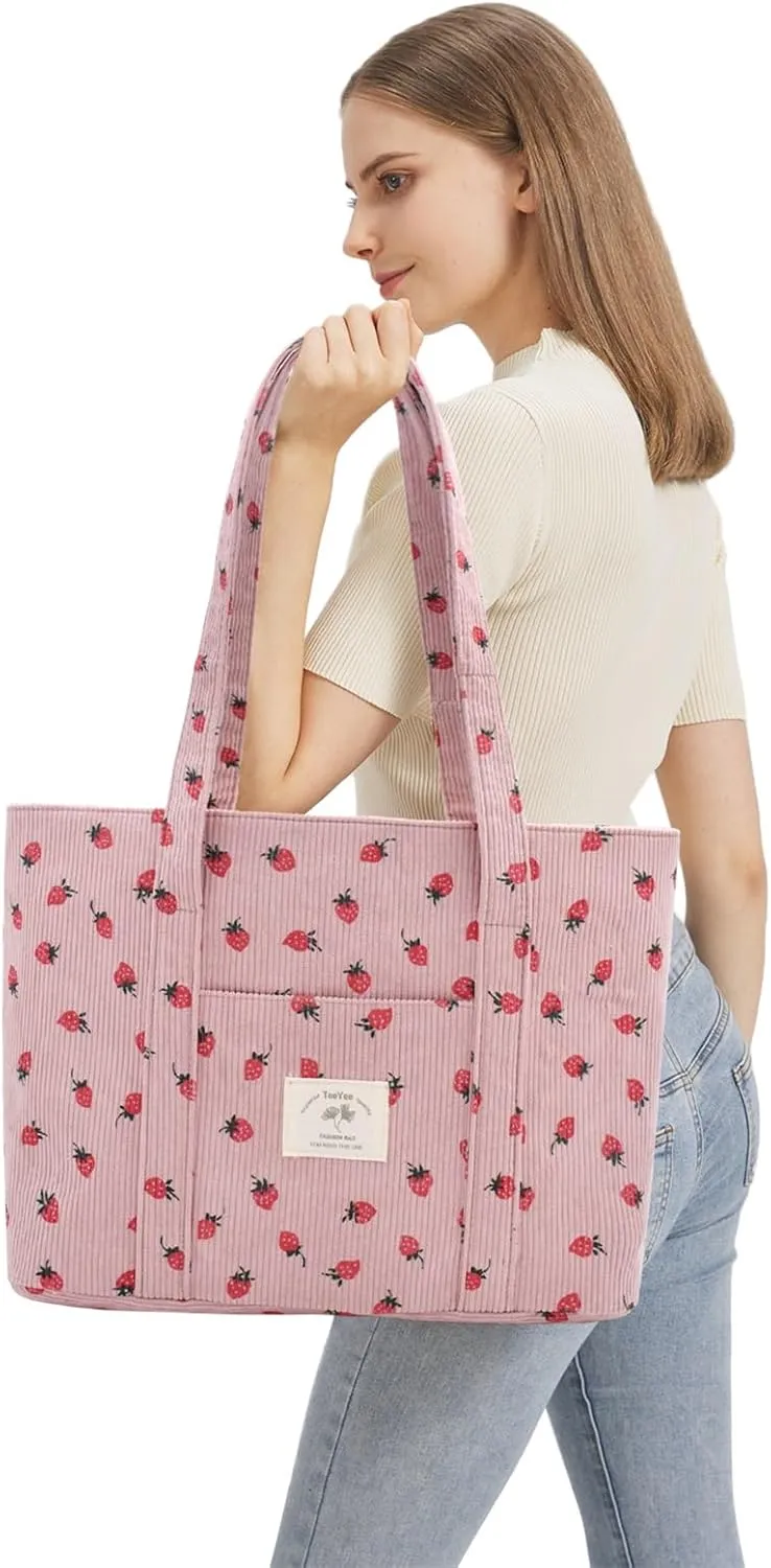 Stylish Corduroy Tote Bag for Women Large Zippered Shoulder Bag with Pockets Multipurpose Travel, Gym, Work & Beach Tote