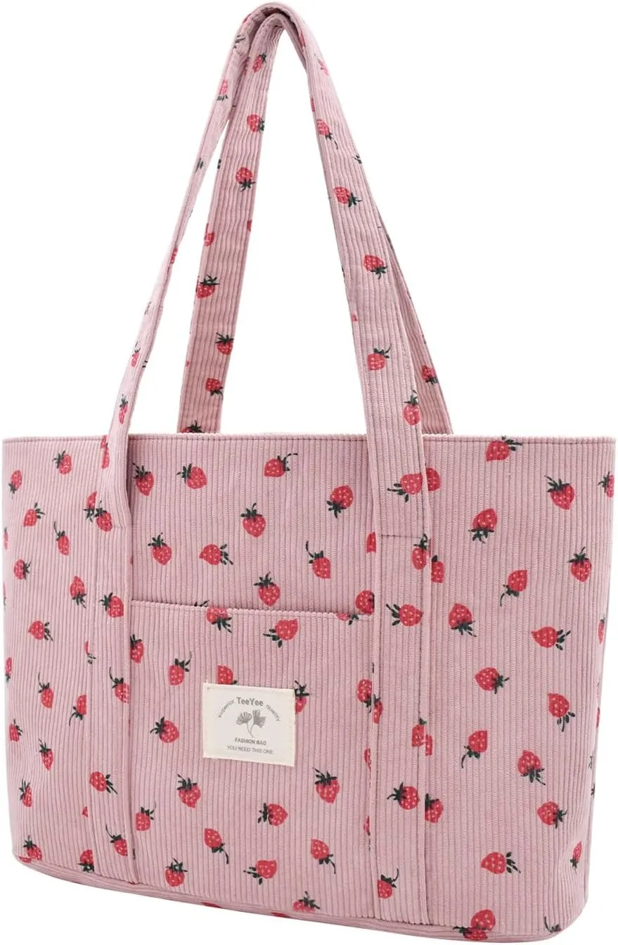 Stylish Corduroy Tote Bag for Women Large Zippered Shoulder Bag with Pockets Multipurpose Travel, Gym, Work & Beach Tote