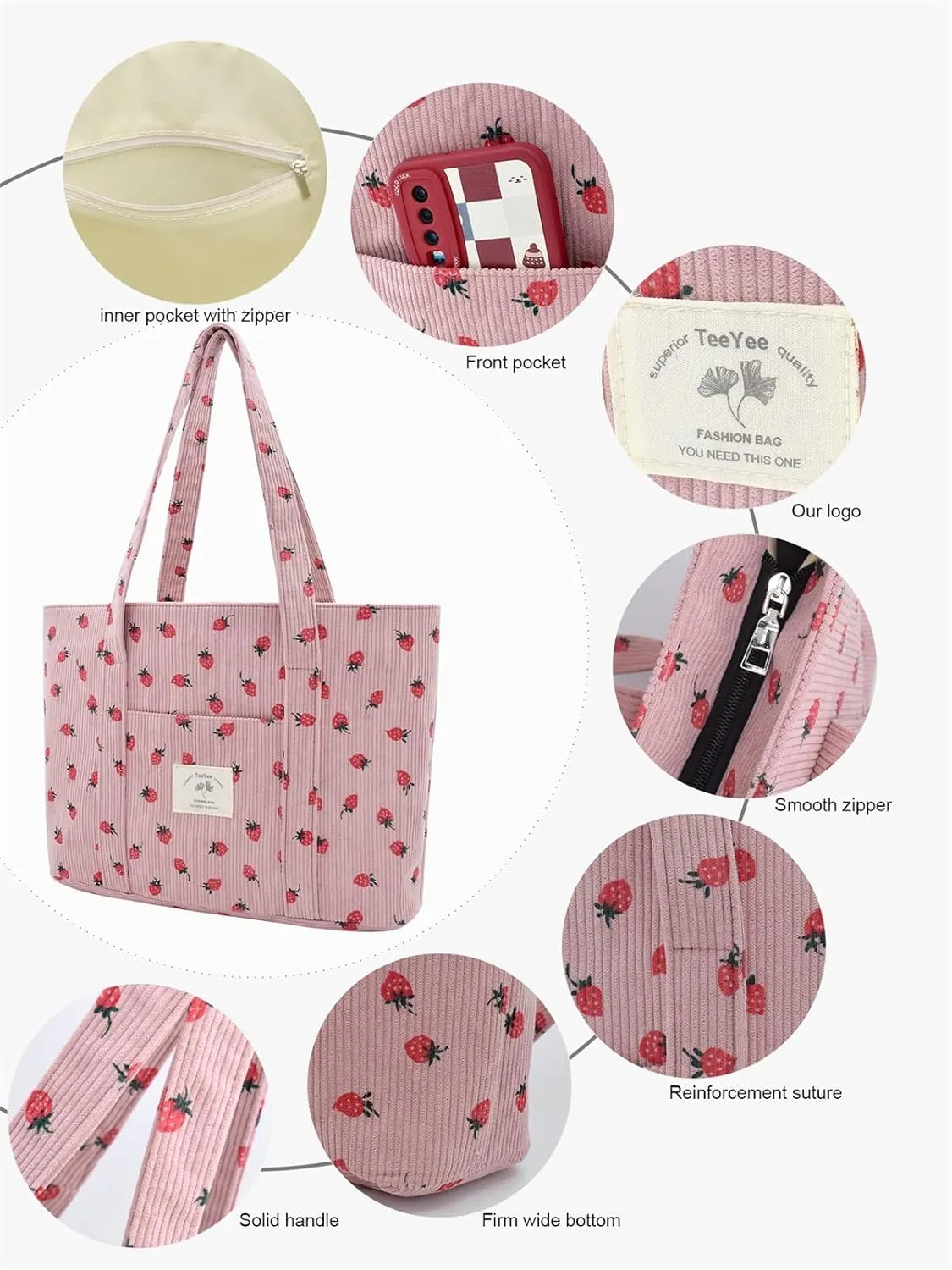 Stylish Corduroy Tote Bag for Women Large Zippered Shoulder Bag with Pockets Multipurpose Travel, Gym, Work & Beach Tote