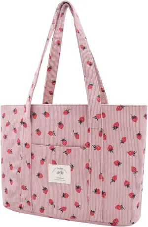 Stylish Corduroy Tote Bag for Women Large Zippered Shoulder Bag with Pockets Multipurpose Travel, Gym, Work & Beach Tote