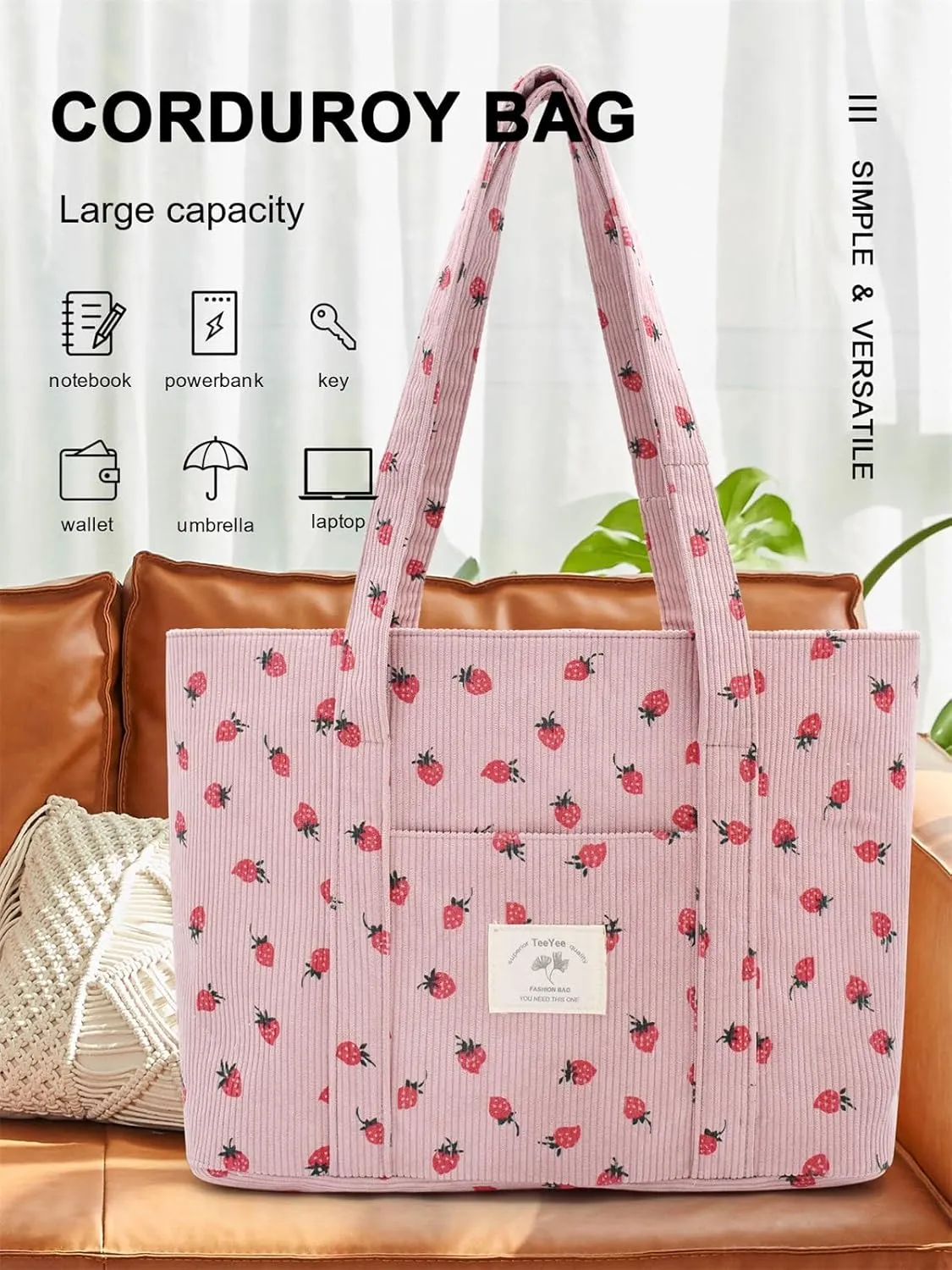 Stylish Corduroy Tote Bag for Women Large Zippered Shoulder Bag with Pockets Multipurpose Travel, Gym, Work & Beach Tote