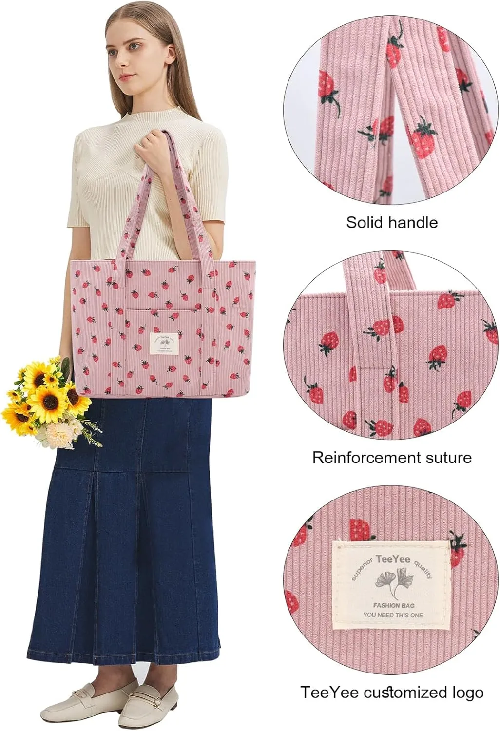 Stylish Corduroy Tote Bag for Women Large Zippered Shoulder Bag with Pockets Multipurpose Travel, Gym, Work & Beach Tote