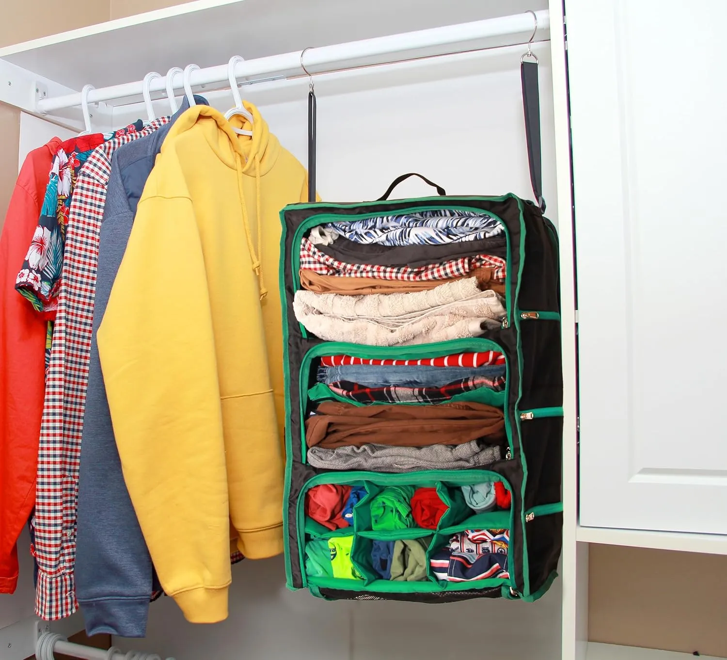Suitcase Organizer with Hanger and Zipper | Pack Easy and More in your Large Luggage | Unpack Instantly with these Travel Packing for Suitcases (Black-Green, Large)
