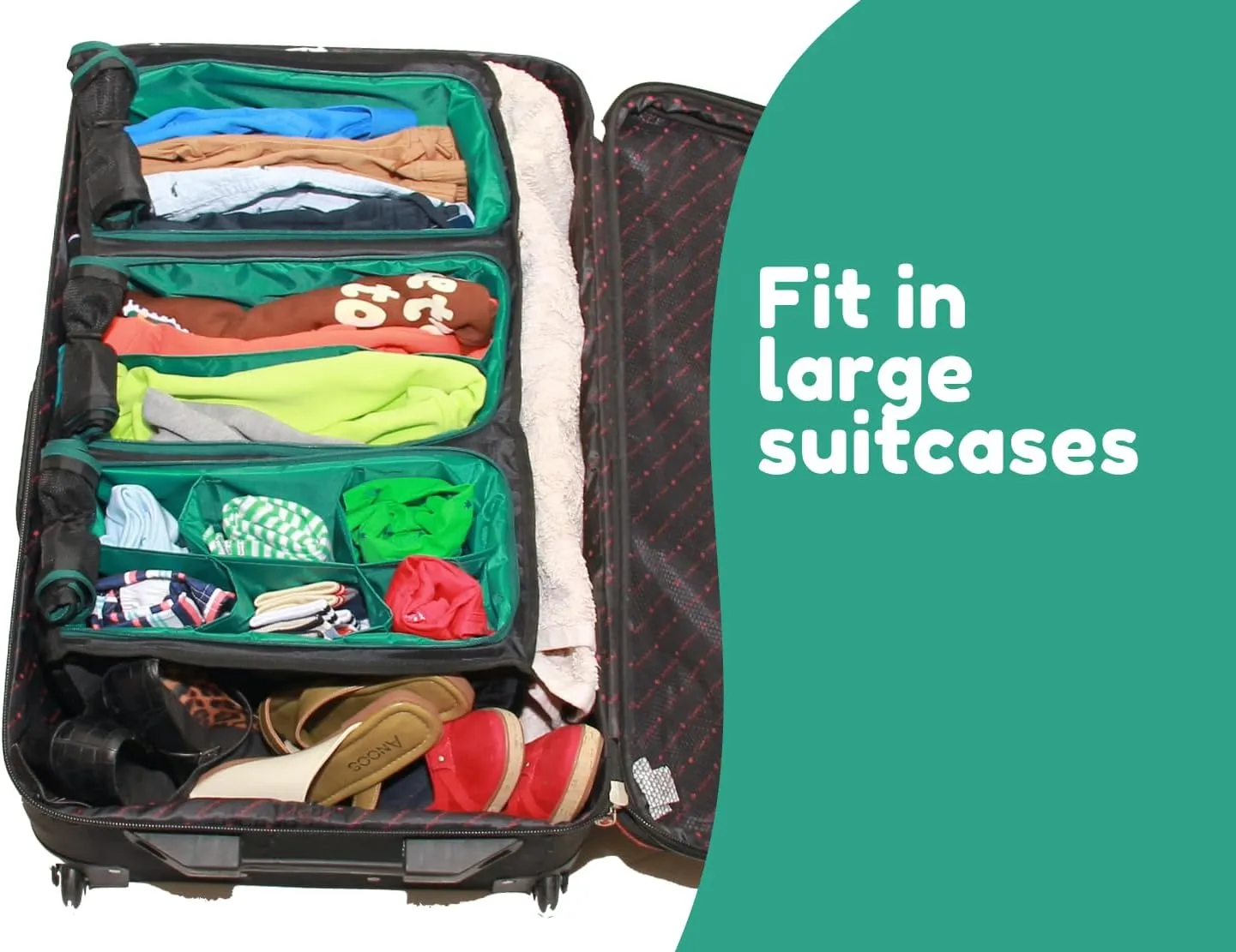 Suitcase Organizer with Hanger and Zipper | Pack Easy and More in your Large Luggage | Unpack Instantly with these Travel Packing for Suitcases (Black-Green, Large)