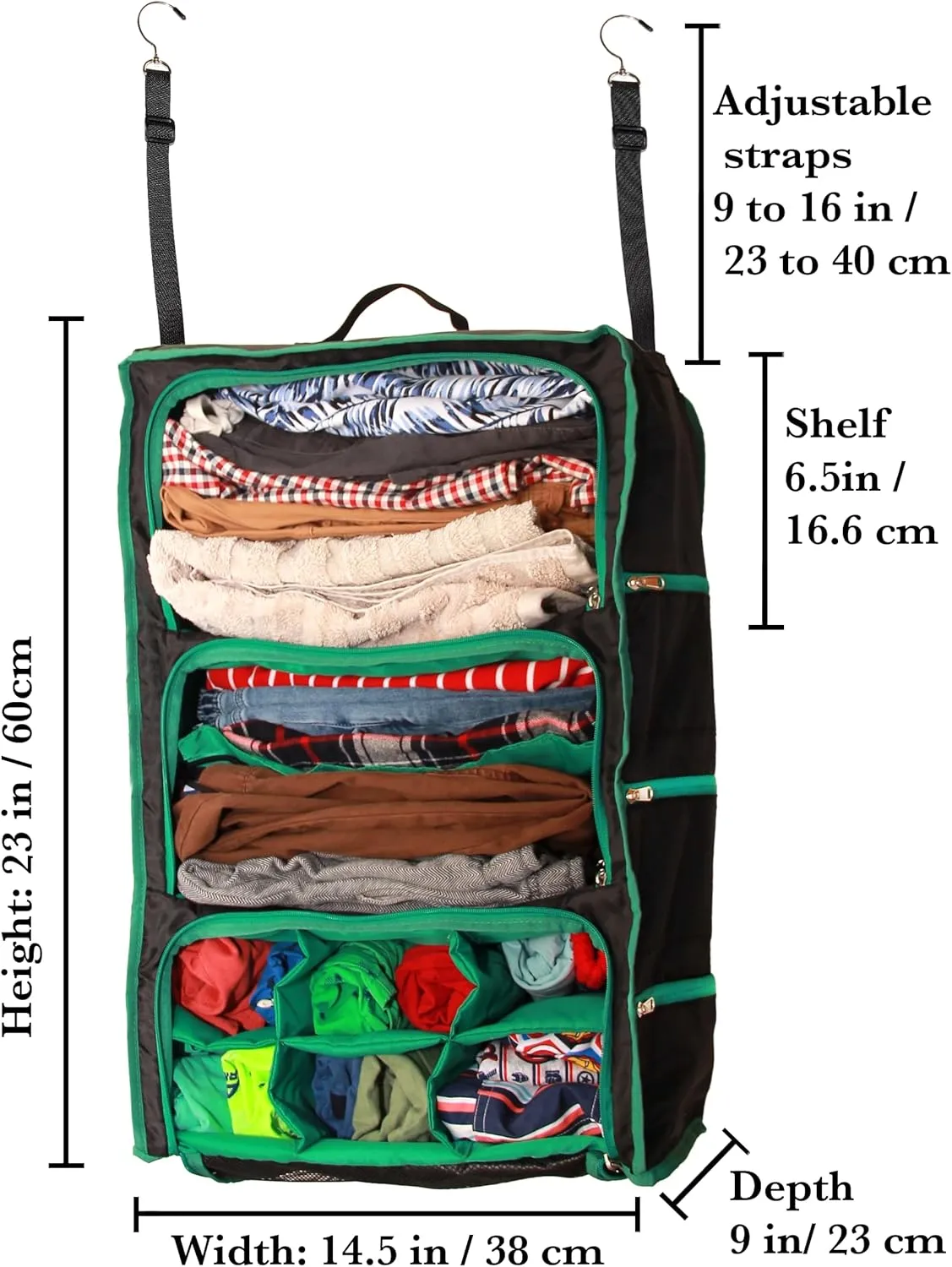 Suitcase Organizer with Hanger and Zipper | Pack Easy and More in your Large Luggage | Unpack Instantly with these Travel Packing for Suitcases (Black-Green, Large)