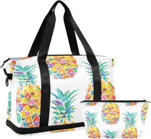 Summer Pineapple Gym Bag for Women Sport Travel Duffel Bag Shoulder Weekender Overnight Bags with Wet Pocket & Shoe Compartment