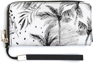 Summer Sun Seamless Tropical Palm Tree Leaves, Black Dots Rain Drops Long Clutch Wallet, Long Handbag with Removable Wristlet Strap, PU Leather Zip Purse, Credit Pass Case Card-Holder for Men Women