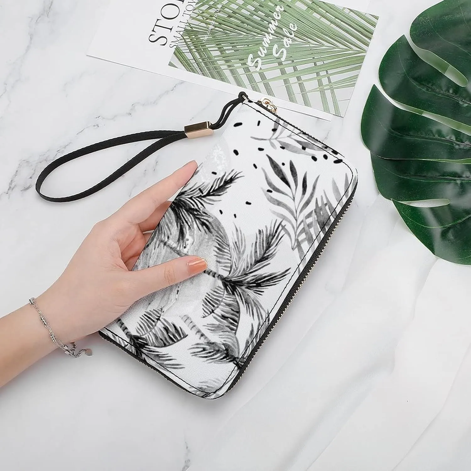 Summer Sun Seamless Tropical Palm Tree Leaves, Black Dots Rain Drops Long Clutch Wallet, Long Handbag with Removable Wristlet Strap, PU Leather Zip Purse, Credit Pass Case Card-Holder for Men Women