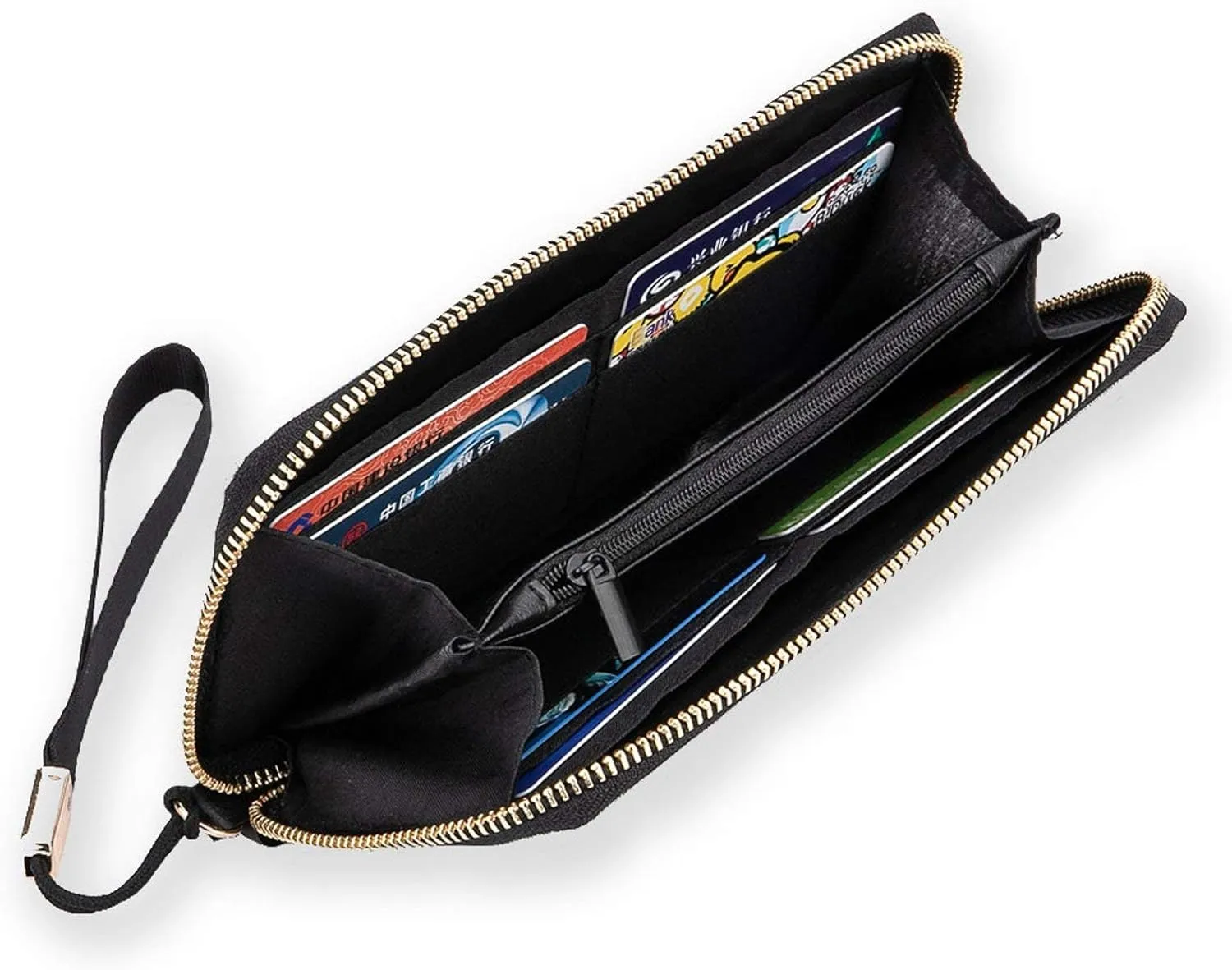 Summer Sun Seamless Tropical Palm Tree Leaves, Black Dots Rain Drops Long Clutch Wallet, Long Handbag with Removable Wristlet Strap, PU Leather Zip Purse, Credit Pass Case Card-Holder for Men Women