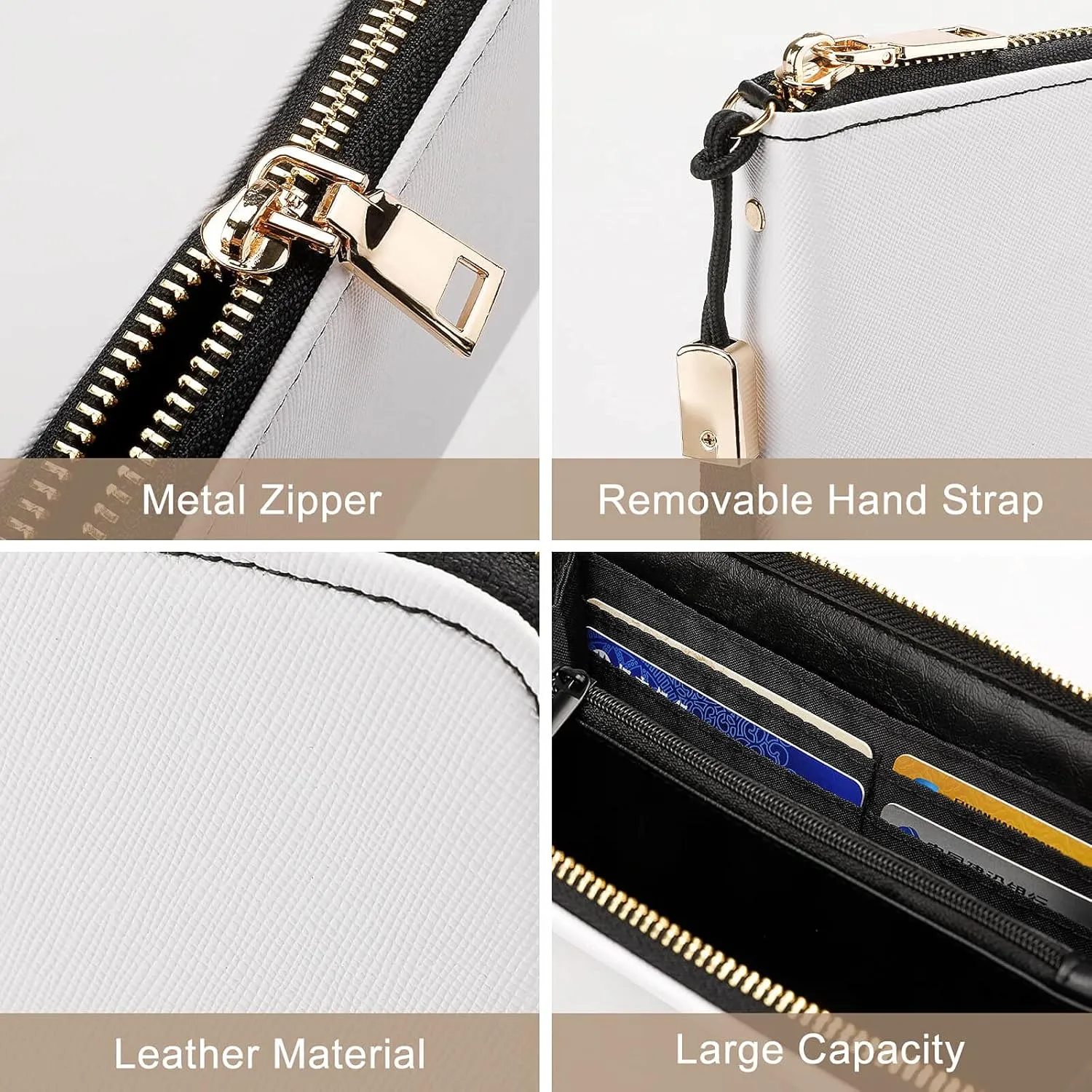 Summer Sun Seamless Tropical Palm Tree Leaves, Black Dots Rain Drops Long Clutch Wallet, Long Handbag with Removable Wristlet Strap, PU Leather Zip Purse, Credit Pass Case Card-Holder for Men Women