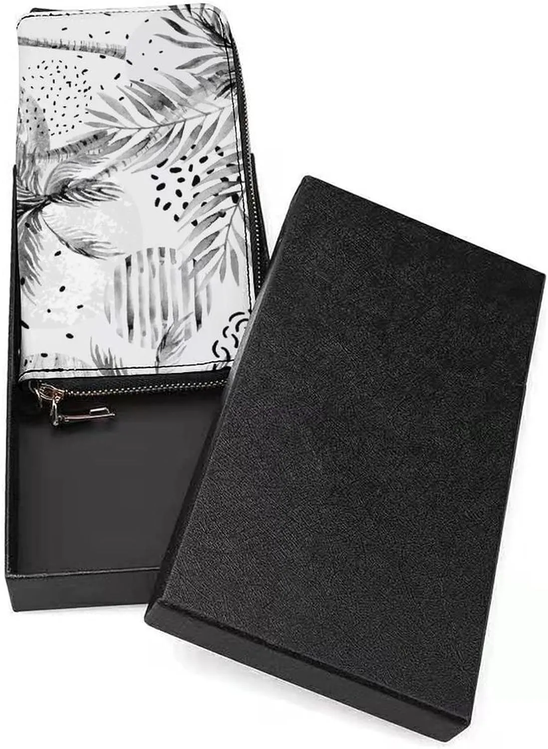 Summer Sun Seamless Tropical Palm Tree Leaves, Black Dots Rain Drops Long Clutch Wallet, Long Handbag with Removable Wristlet Strap, PU Leather Zip Purse, Credit Pass Case Card-Holder for Men Women