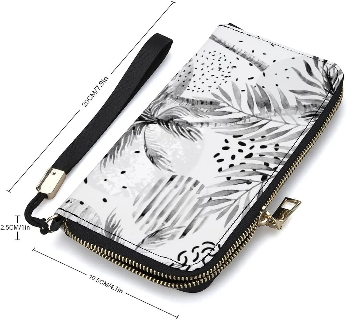 Summer Sun Seamless Tropical Palm Tree Leaves, Black Dots Rain Drops Long Clutch Wallet, Long Handbag with Removable Wristlet Strap, PU Leather Zip Purse, Credit Pass Case Card-Holder for Men Women
