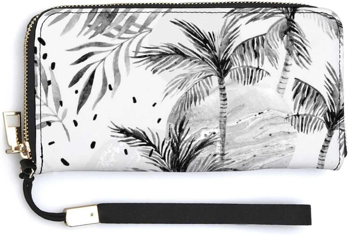 Summer Sun Seamless Tropical Palm Tree Leaves, Black Dots Rain Drops Long Clutch Wallet, Long Handbag with Removable Wristlet Strap, PU Leather Zip Purse, Credit Pass Case Card-Holder for Men Women