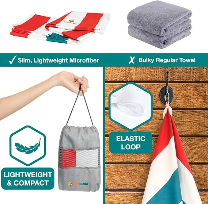 SUN CUBE Microfiber Beach Towel, Quick Dry Sand Free Beach Towel, Lightweight, Compact for Travel Swim Sports Camping, Packable Sand Resistant Towel Adult - Red 78x35 Inches