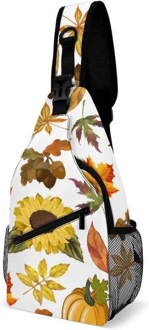 Sunflower Acorns Pumpkin Sling Bag Crossbody for Women Men Lightweight Adjustable Extender Strap Autumn Floral Shoulder Backpack with Water Bottle Holder Casual Daypack for Hiking Travel
