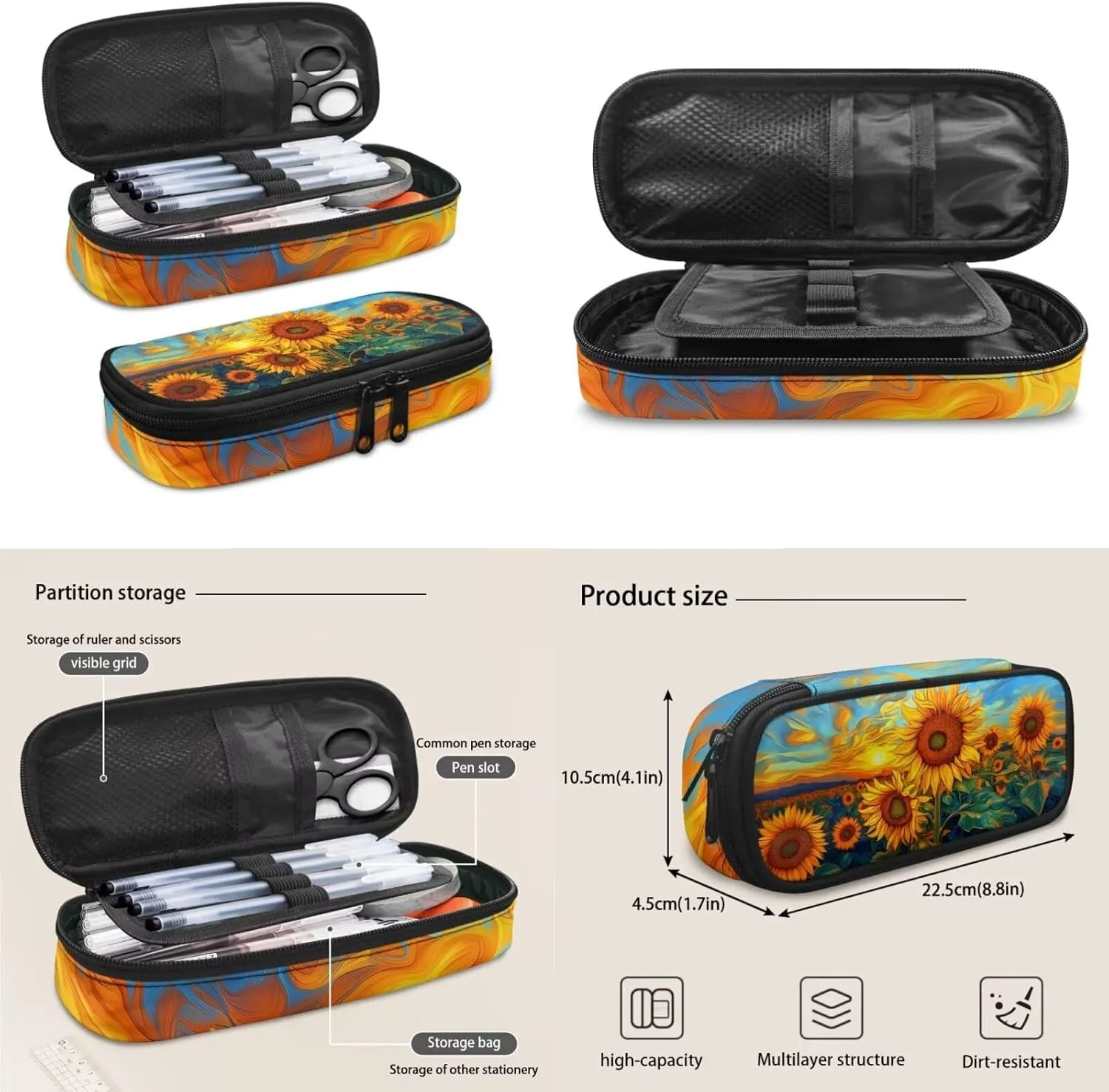 Sunflower Print Little Girls Backpack with Lunch Box Kawaii Kids Book Bag for Elementary Middle School Back Pack and Large Cup Holder Lunch Boxes Pencil Cup Cover