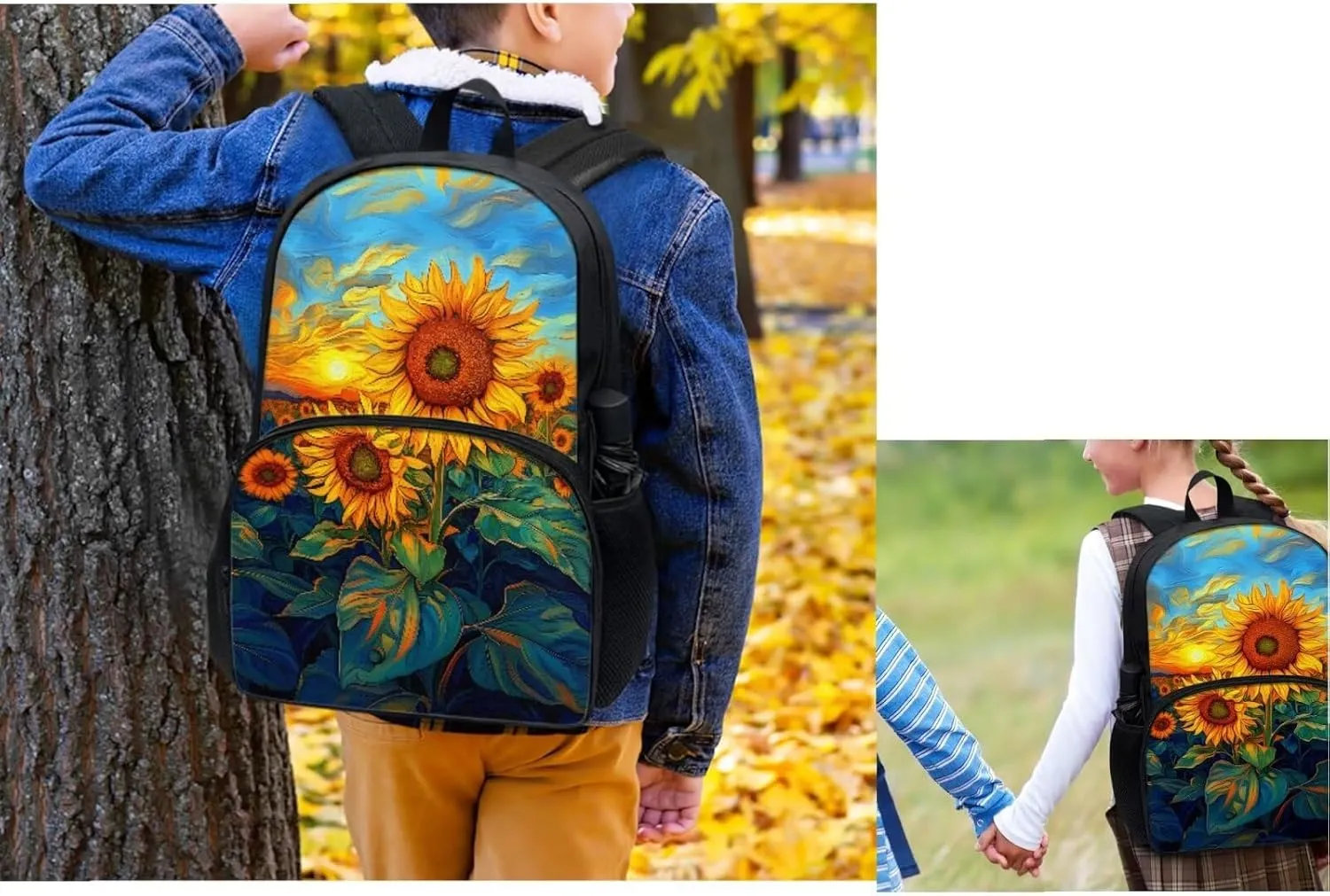 Sunflower Print Little Girls Backpack with Lunch Box Kawaii Kids Book Bag for Elementary Middle School Back Pack and Large Cup Holder Lunch Boxes Pencil Cup Cover
