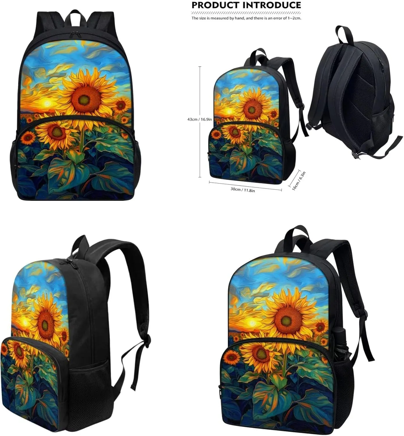 Sunflower Print Little Girls Backpack with Lunch Box Kawaii Kids Book Bag for Elementary Middle School Back Pack and Large Cup Holder Lunch Boxes Pencil Cup Cover