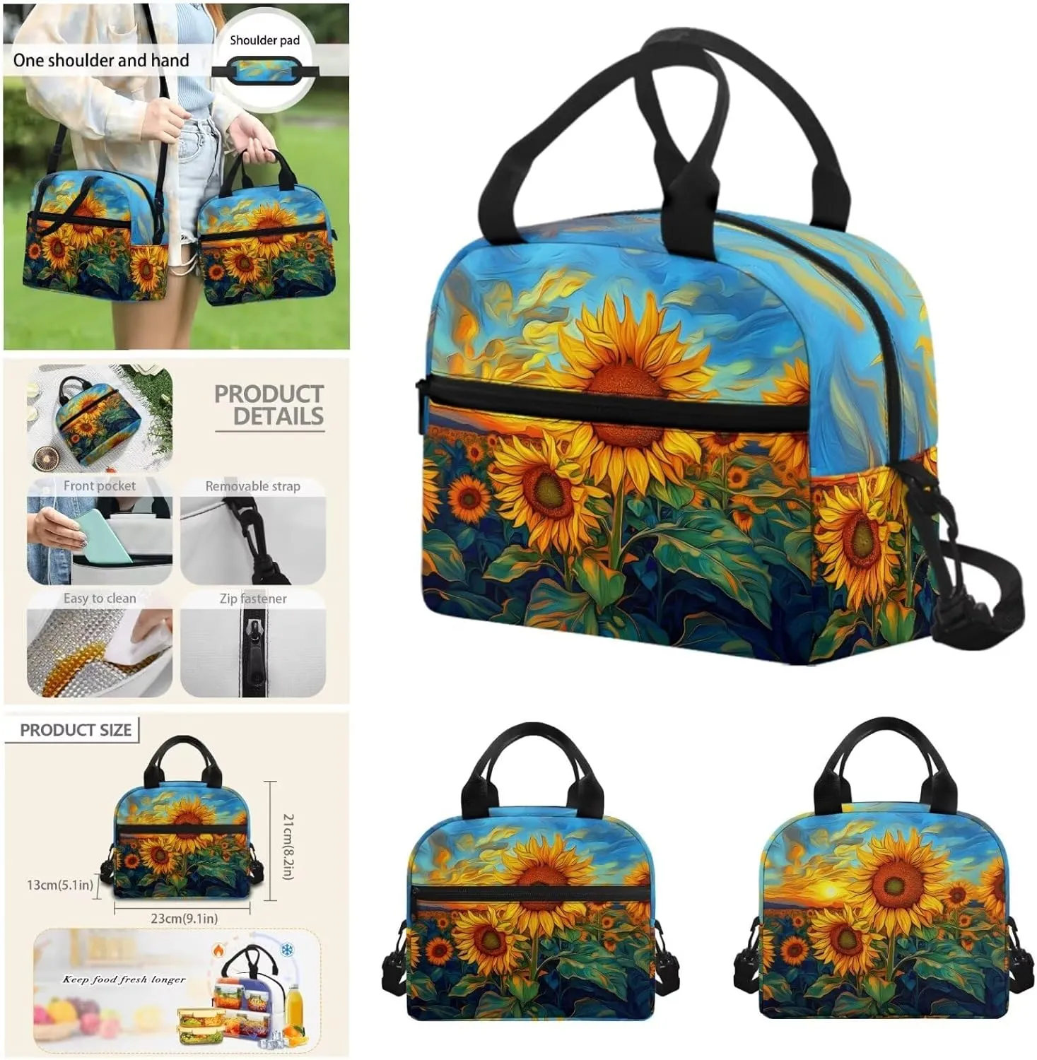 Sunflower Print Little Girls Backpack with Lunch Box Kawaii Kids Book Bag for Elementary Middle School Back Pack and Large Cup Holder Lunch Boxes Pencil Cup Cover