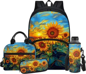 Sunflower Print Little Girls Backpack with Lunch Box Kawaii Kids Book Bag for Elementary Middle School Back Pack and Large Cup Holder Lunch Boxes Pencil Cup Cover
