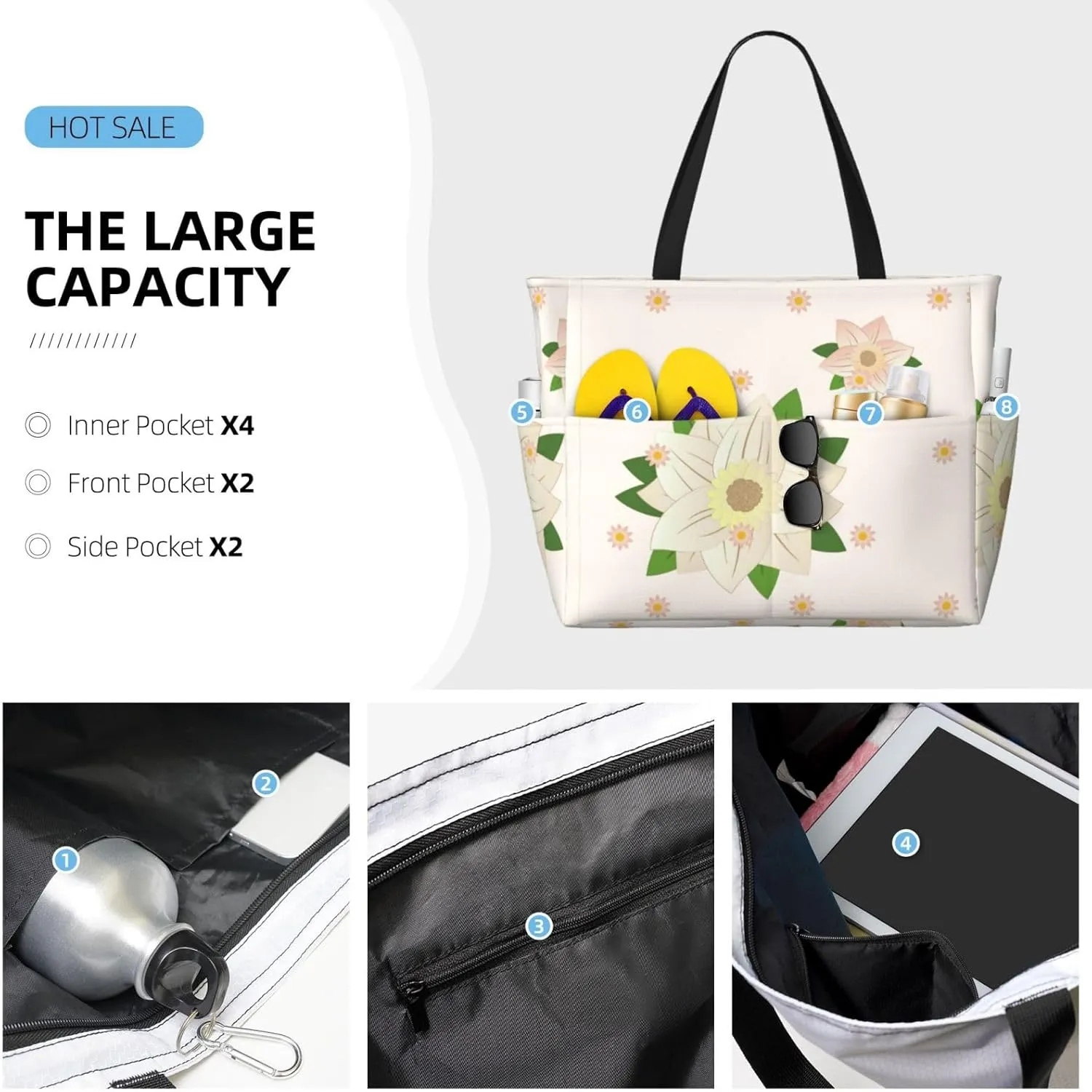Sunflower Seeds And Mushroom Spacious Large Capacity Beach Travel Bag - Foldable Beach Bag Tote Bag With Zipper