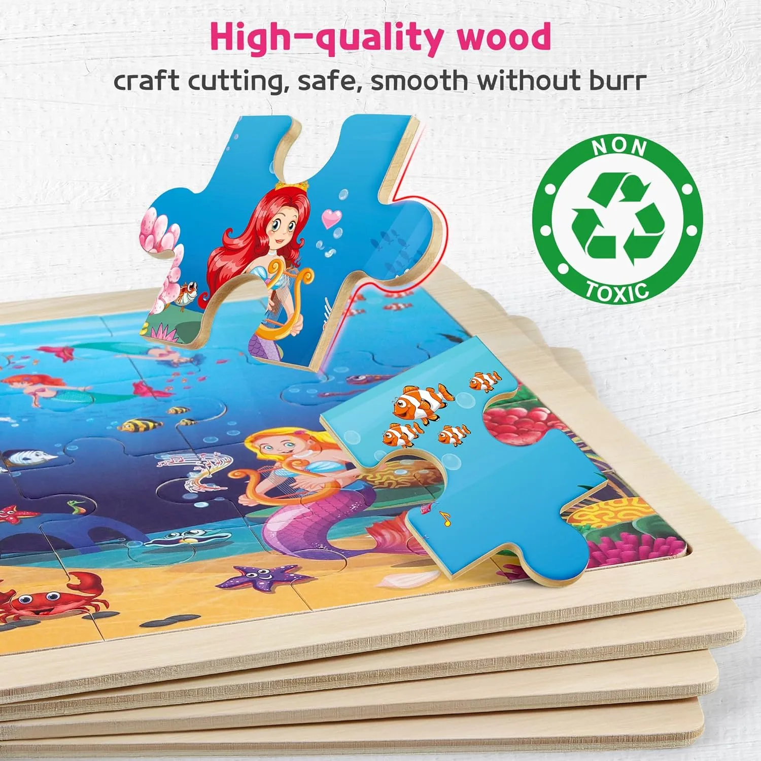 SYNARRY Large Unicorn Mermaid Princess Fairy Wooden Kids Puzzles 4 in 1 Gift Box(12.2 * 9.4 in) - FSC Certified, Wood Puzzles for Kids Ages 4-6, Toys Gifts for 3 4 5 Year Old Toddlers Girls