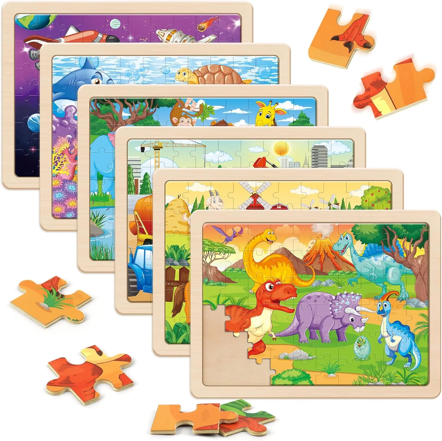 SYNARRY Wooden Puzzles for Kids Ages 4-6, 6 Packs 60 PCs Jigsaw Puzzles Preschool Educational Toys Gifts for Children Ages 4-8, Kids Puzzle for 4  Year Olds Boys Girls