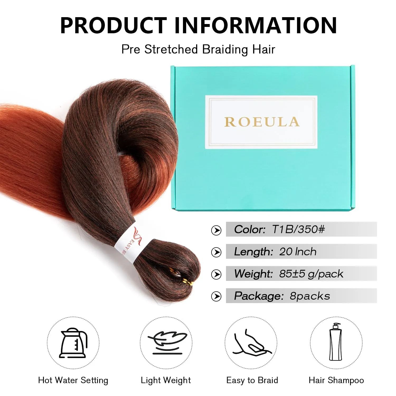 T1B/350 Pre Stretched Braiding Hair 20 Inch 8 Packs Omber Black to Dark Ginger Braiding Hair Pre Stretched Professional Prestretched Braiding Hair Synthetic (T1B/350, 20 Inch (pack of 8))