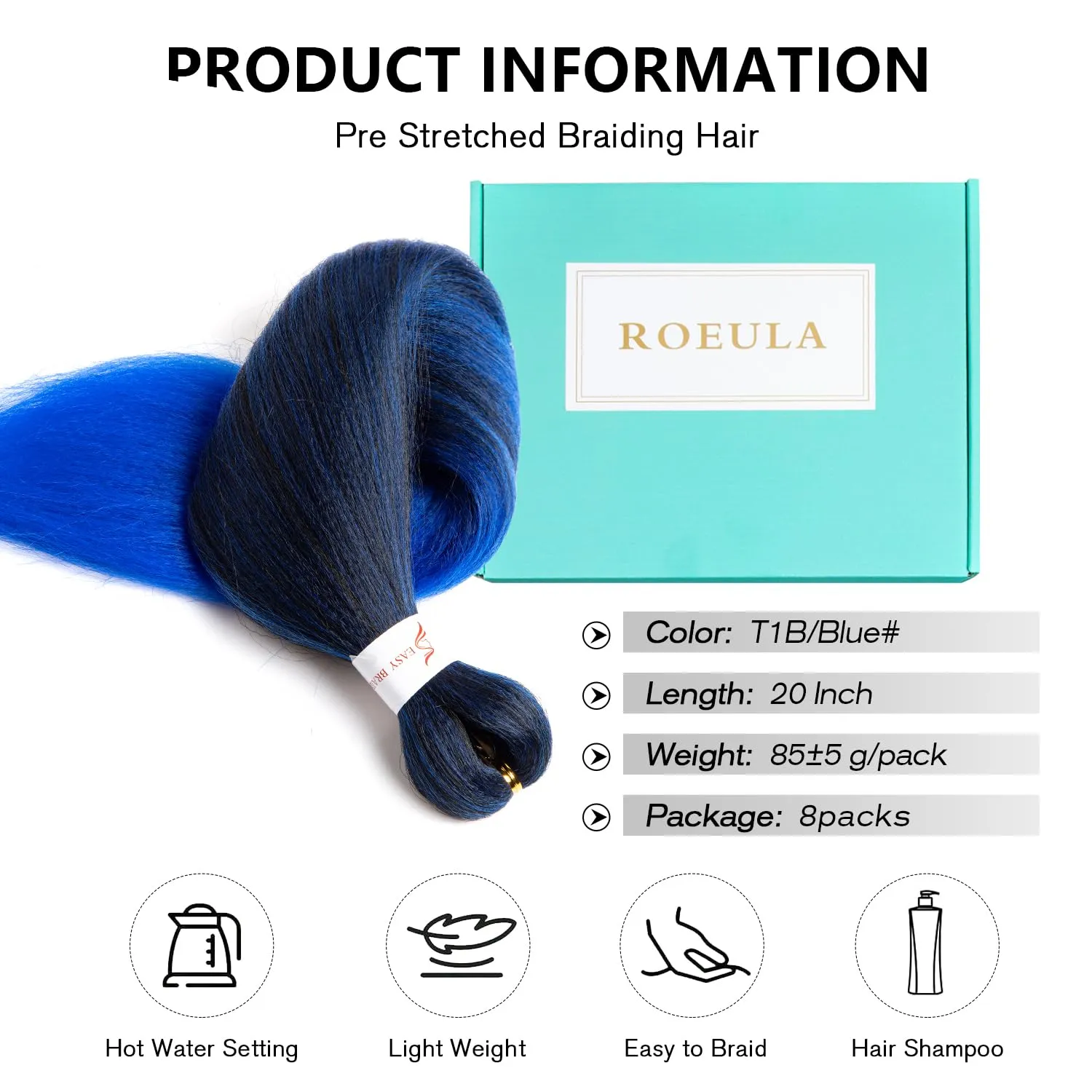 T1B/Blue Pre Stretched Braiding Hair 20 Inch 8 Packs Omber Black to Blue Braiding Hair Pre Stretched Professional Prestretched Synthetic (T1B/Blue, 20 Inch (pack of 8))