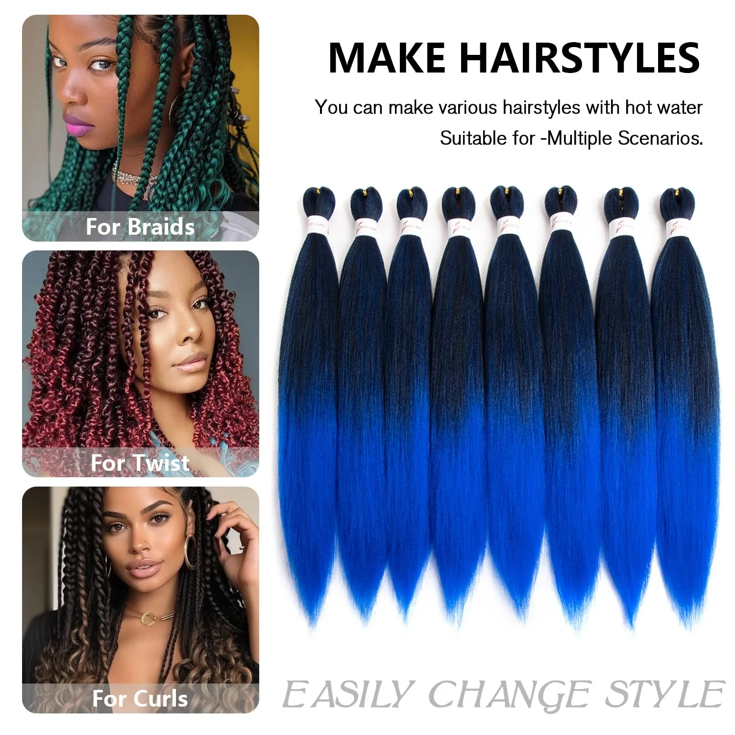 T1B/Blue Pre Stretched Braiding Hair 20 Inch 8 Packs Omber Black to Blue Braiding Hair Pre Stretched Professional Prestretched Synthetic (T1B/Blue, 20 Inch (pack of 8))