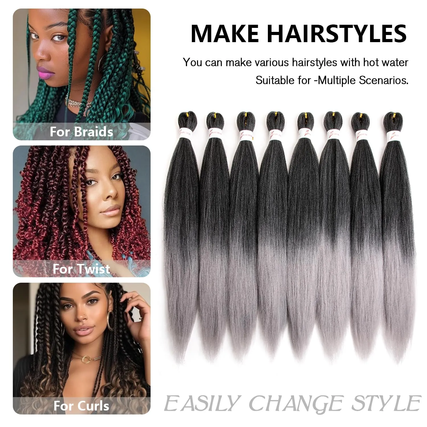 T1B/Gray Pre Stretched Braiding Hair 20 Inch 8 Packs Ombre Black to Gray Braiding Hair Pre Stretched Professional Prestretched Synthetic Braids (T1B/Gray, 20 Inch (pack of 8))