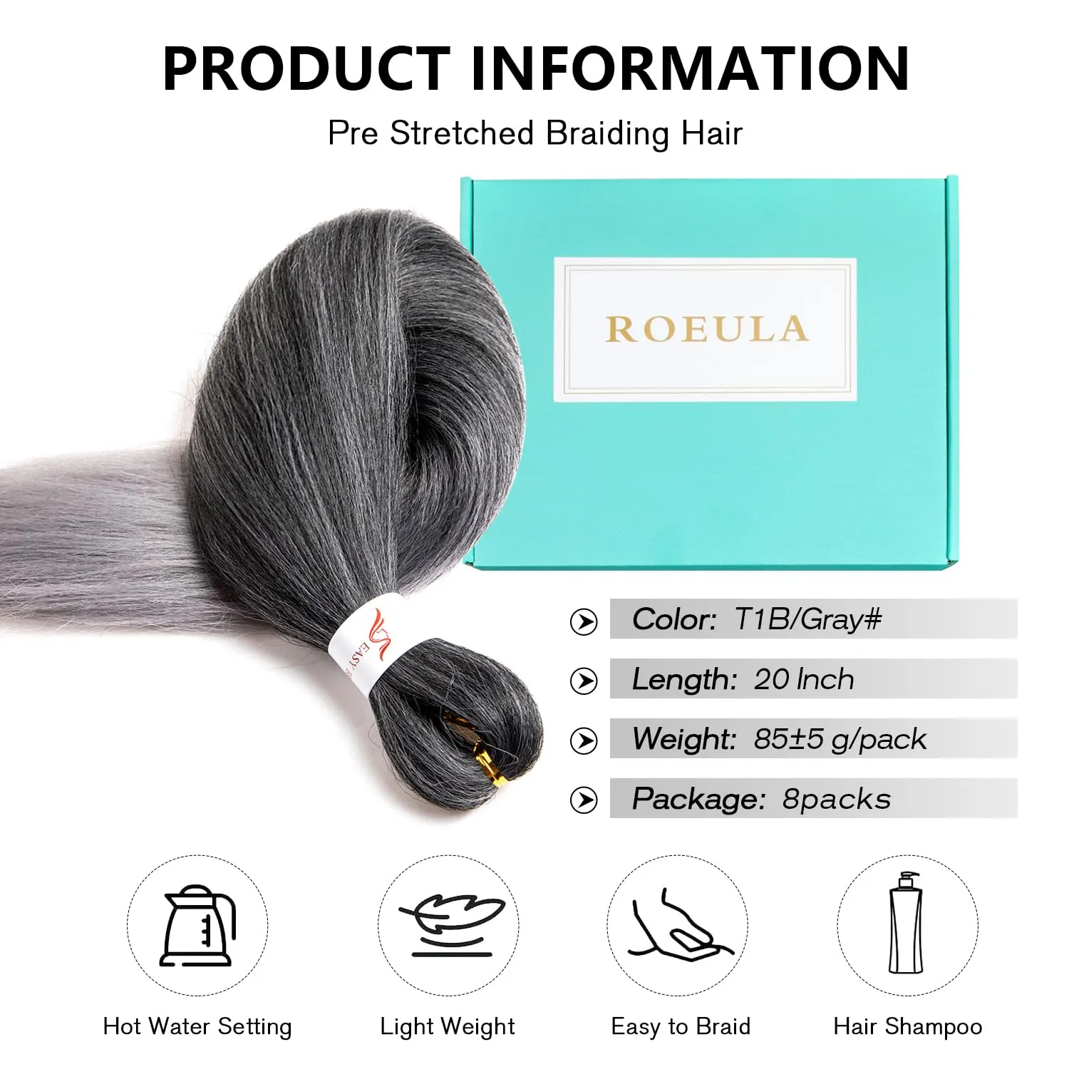 T1B/Gray Pre Stretched Braiding Hair 20 Inch 8 Packs Ombre Black to Gray Braiding Hair Pre Stretched Professional Prestretched Synthetic Braids (T1B/Gray, 20 Inch (pack of 8))