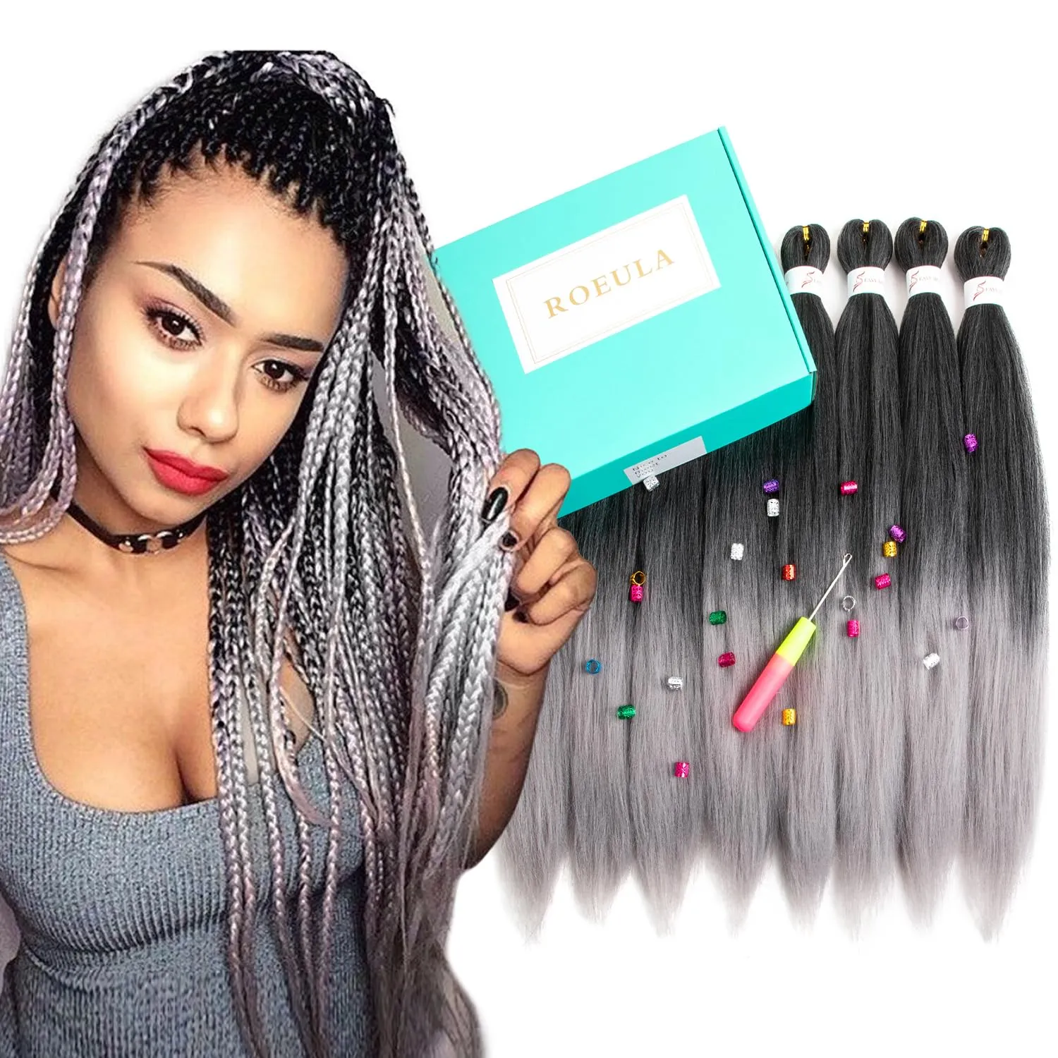 T1B/Gray Pre Stretched Braiding Hair 20 Inch 8 Packs Ombre Black to Gray Braiding Hair Pre Stretched Professional Prestretched Synthetic Braids (T1B/Gray, 20 Inch (pack of 8))