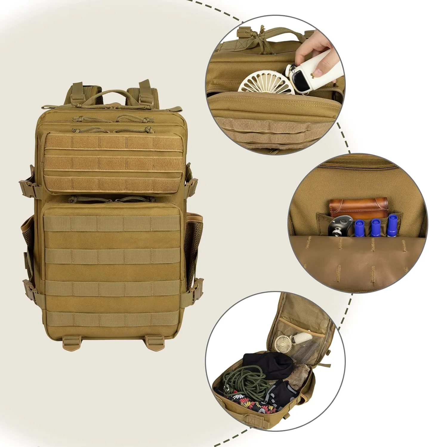Tactical Backpack - 25L/35L/45L Military Tactical Backpack For Men Molle Daypack 3 Day Bug Out Bag Hiking Rucksack With Bottle Holder 35L Khaki Backpacks