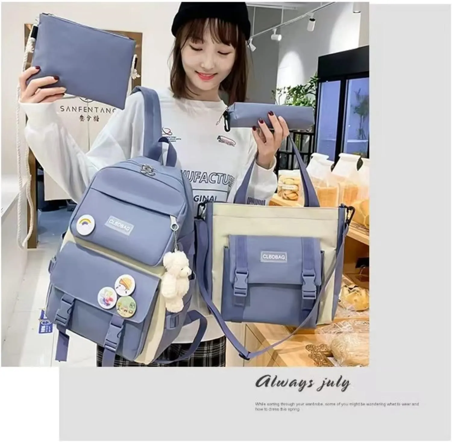Teslawi kawaii backpack 4Pcs Set Aesthetic backpack 17in backpack，with Kawaii Pendants，Crossbody Bag ，Pencil Case, Handbag (Blue)