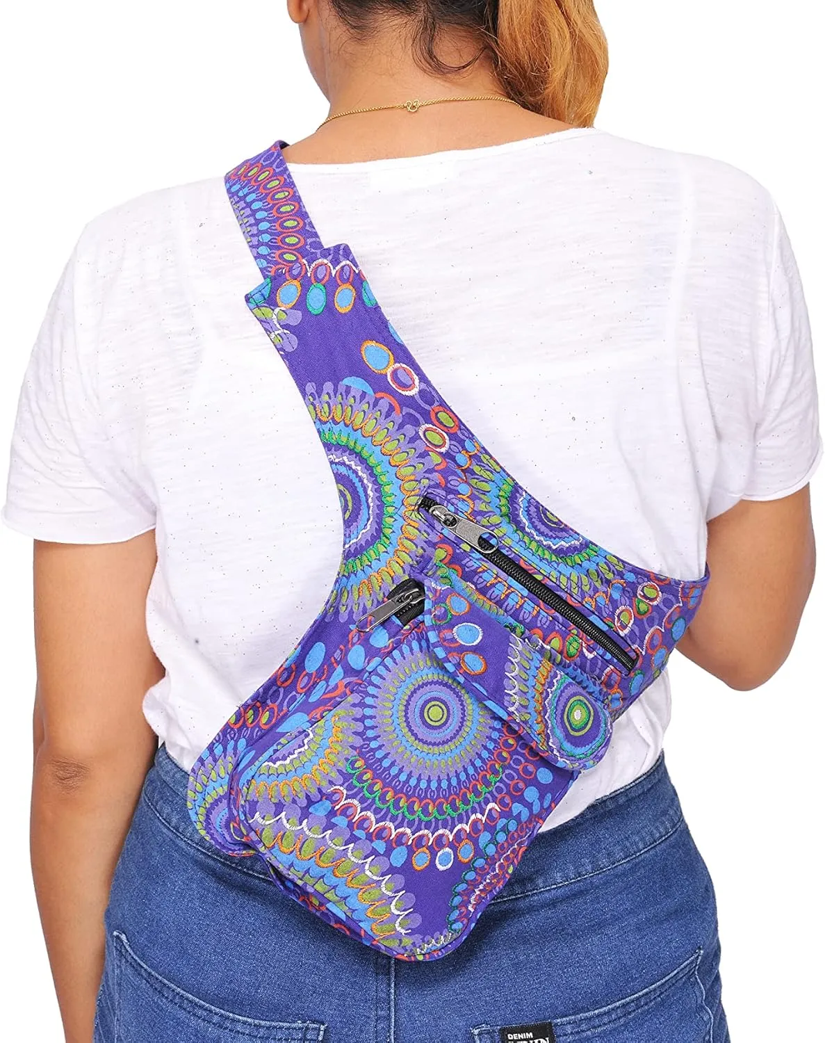 The Collection Royal Fanny Pack Crossbody Bags for Women| Cotton Canvas Boho Hippie Festival Colorful Belt Bag for Women (Purple L)