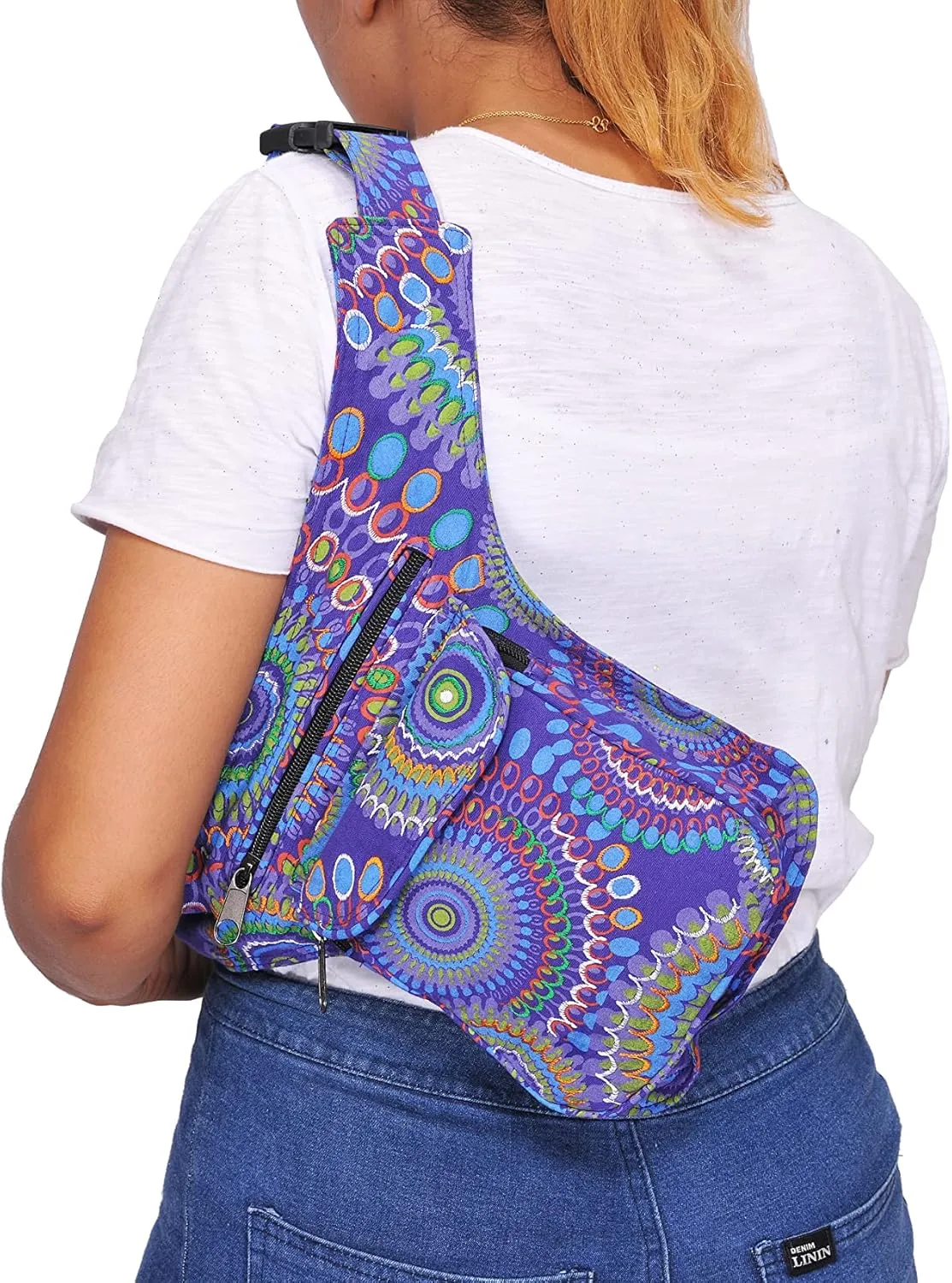 The Collection Royal Fanny Pack Crossbody Bags for Women| Cotton Canvas Boho Hippie Festival Colorful Belt Bag for Women (Purple L)
