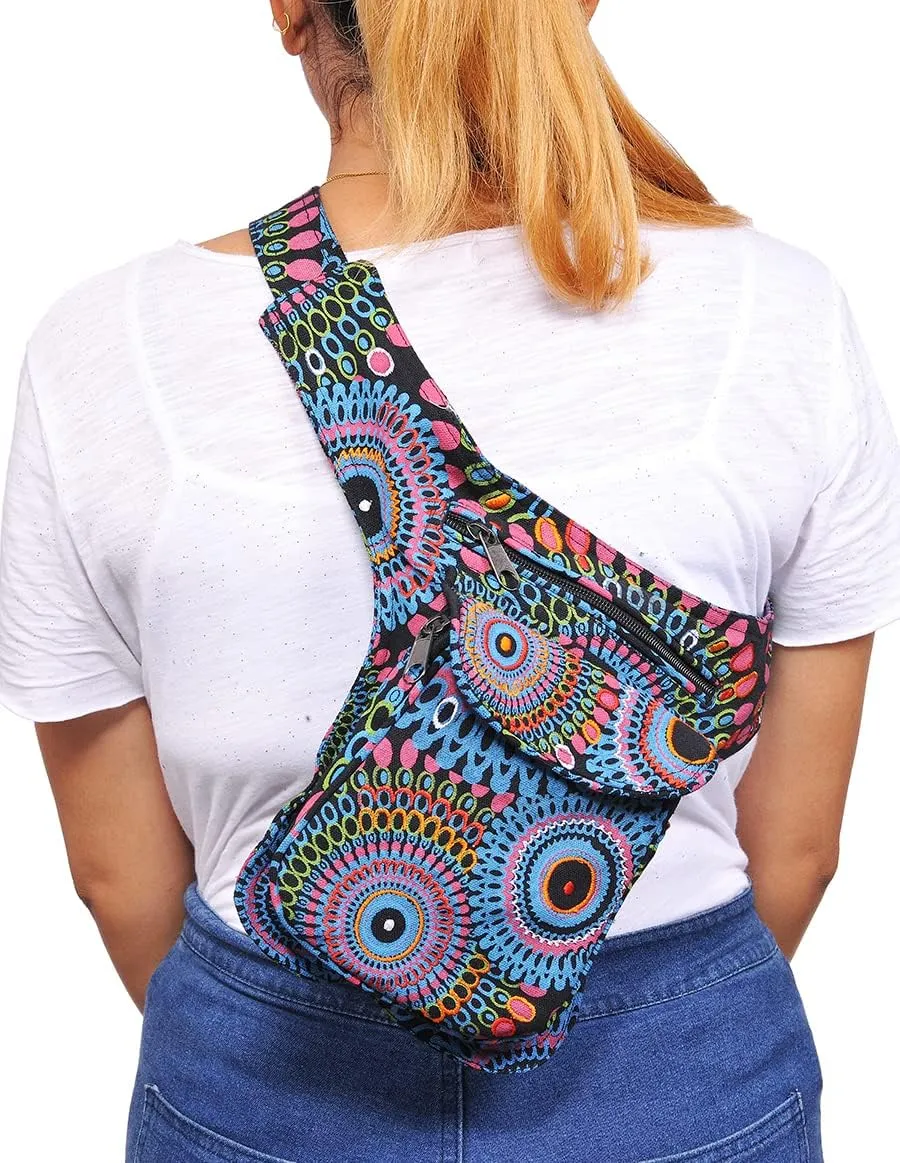 The Collection Royal Handmade Festival Waistpack Boho Hippie Waist Bag Hip Bum Running Belt Fanny Pack Travel Utility Belt (Blk Blu Prpl)