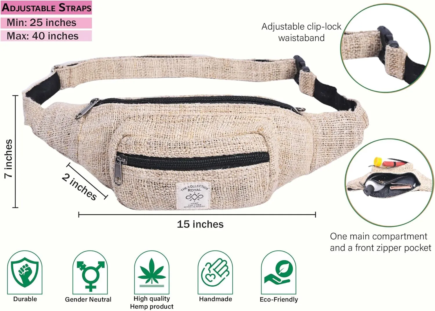 The Collection Royal Himalayan Hemp Fanny Pack, Eco-friendly, Fanny Packs Boho, Hippie Fanny Pack, Waist Belt, Travel Utility Belt