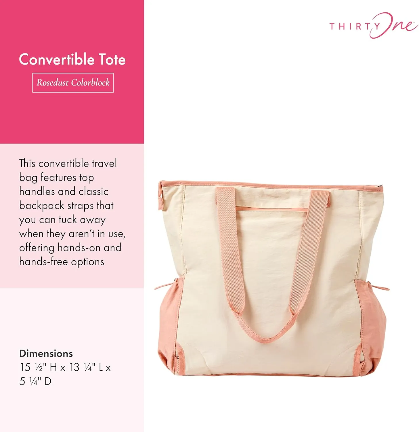 THIRTY-ONE Gifts Convertible Tote, Adjustable and Convertible Backpack Tote for Travel or Work