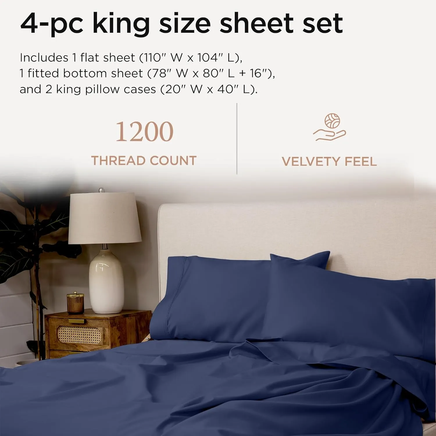 Threadmill American Supima King Size Cotton Sheets, 1200 Thread Count, 4 Piece Luxury Bed Sheets for King Mattress, 5 Star Hotel Quality Sheets with Elasticized Extra Deep Pocket, Folkstone Blue