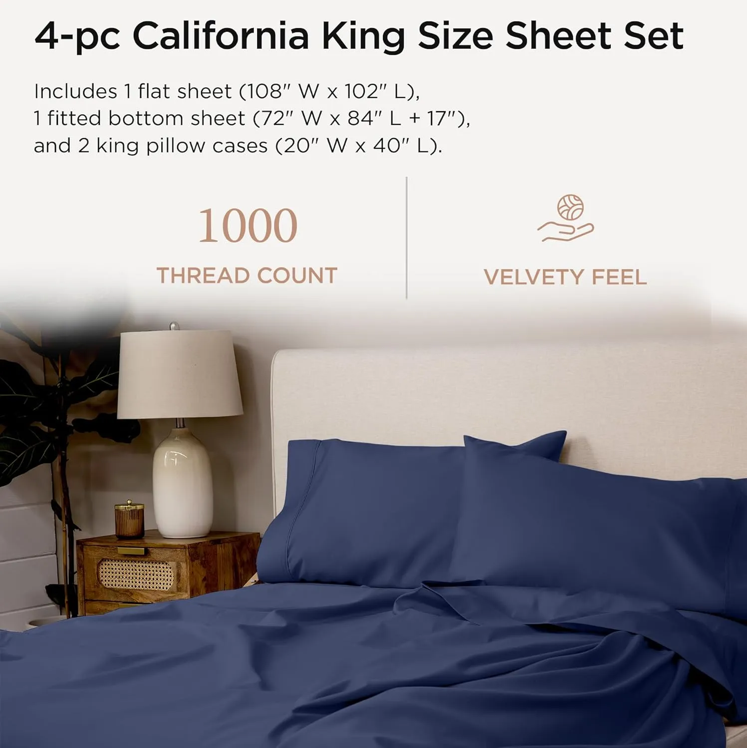 Threadmill California King Sheets, Certified American Supima Cotton Sheets, 1000 Thread Count Hotel Quality Sheets, 4 Piece Luxury Bed Sheets Set with Elasticized Extra Deep Pocket, Folkstone Blue