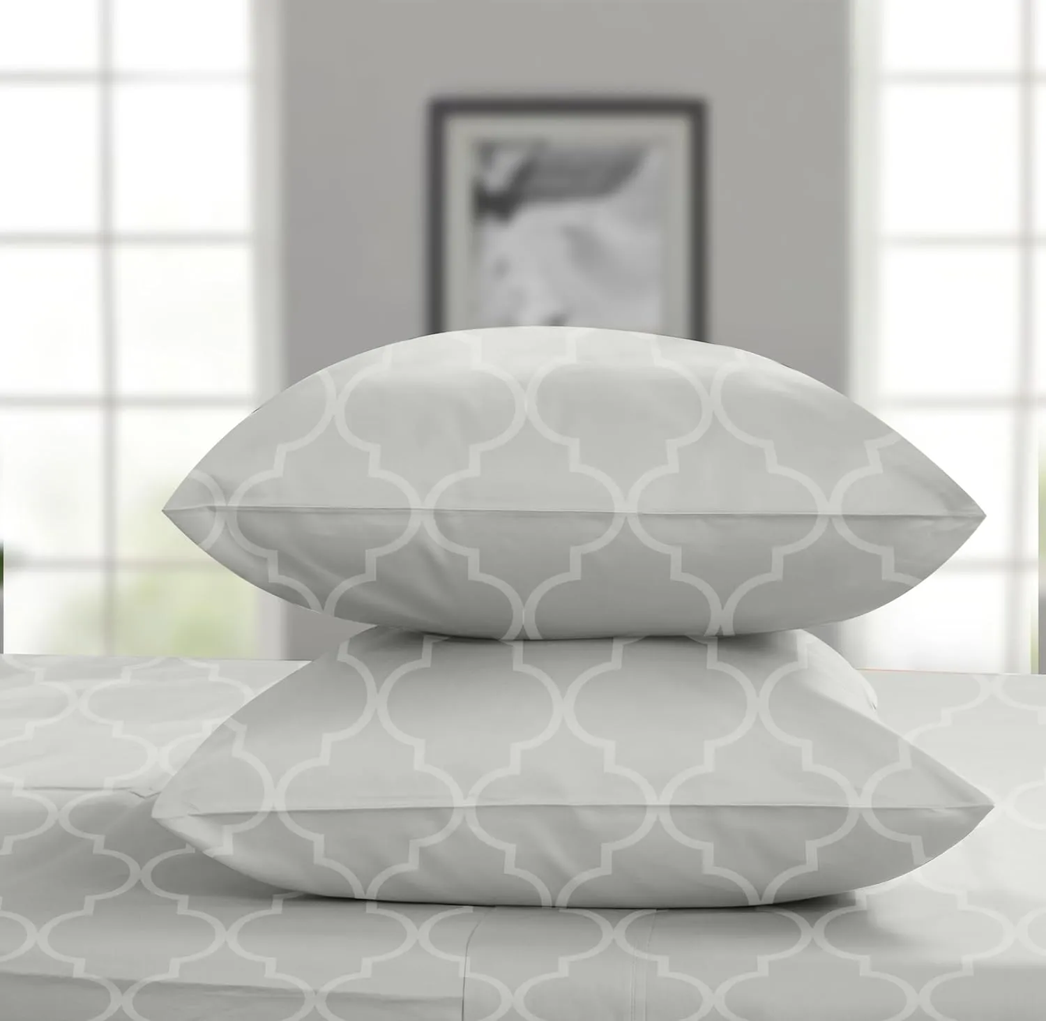 Threadmill Cotton Queen Sheet Set | 100% Cotton Sheets for Queen Size Bed | Damask Jacquard Queen Bed Sheets Set with 16” Deep Pocket | Soft Sateen Weave 4-Piece Cooling Bedding Set | Light Grey