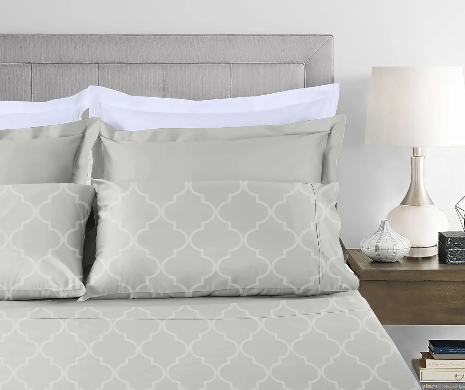 Threadmill Cotton Queen Sheet Set | 100% Cotton Sheets for Queen Size Bed | Damask Jacquard Queen Bed Sheets Set with 16” Deep Pocket | Soft Sateen Weave 4-Piece Cooling Bedding Set | Light Grey